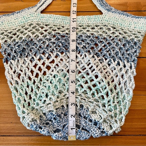 NEW! Handcrafted Crochet 100% Cotton Packable Tote Bag & Pouch - Blue/Green - Picture 10 of 16